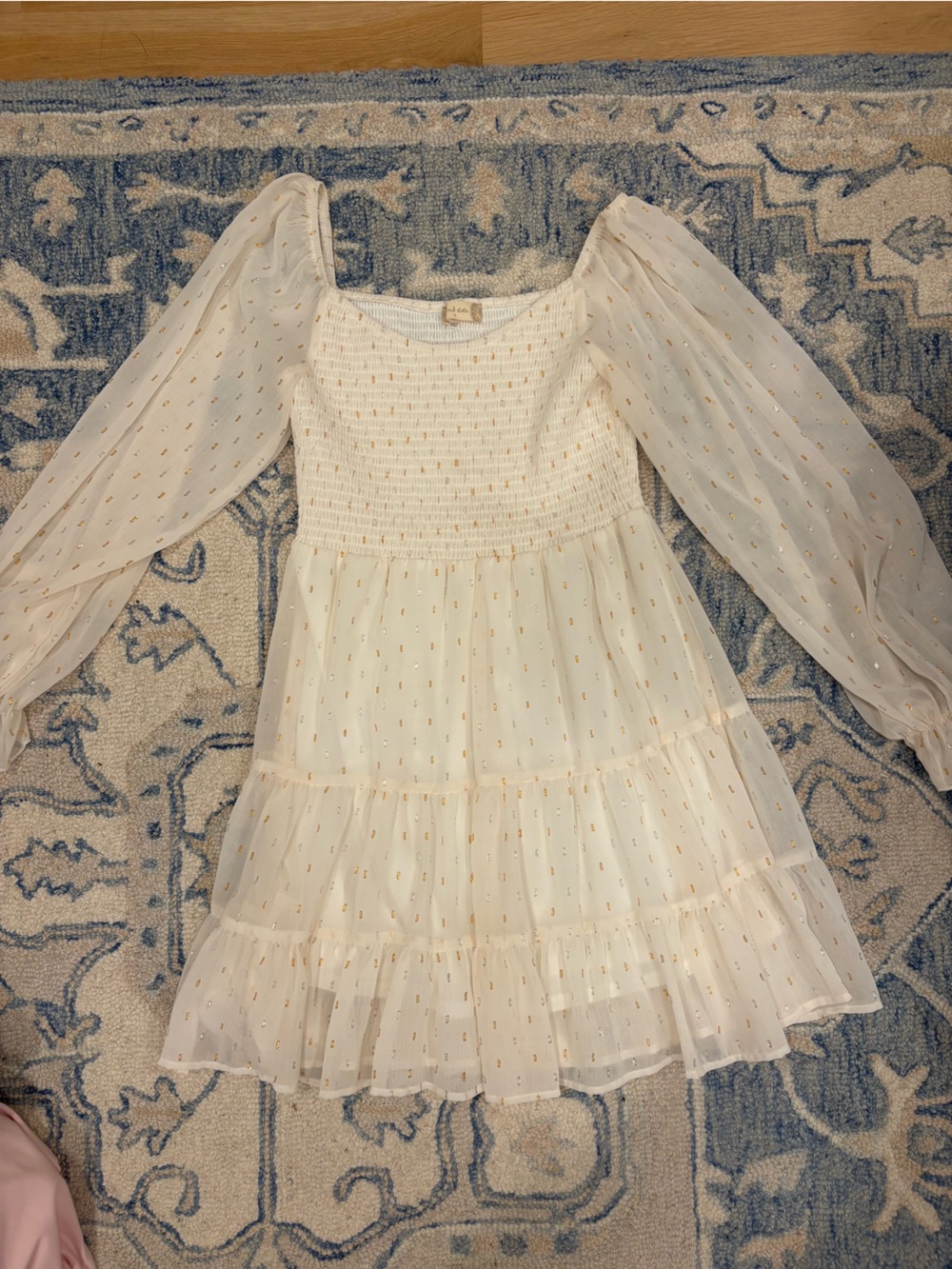 Altar'd State Cream Puff-Sleeve Smocked Tiered Dress with Gold Dots